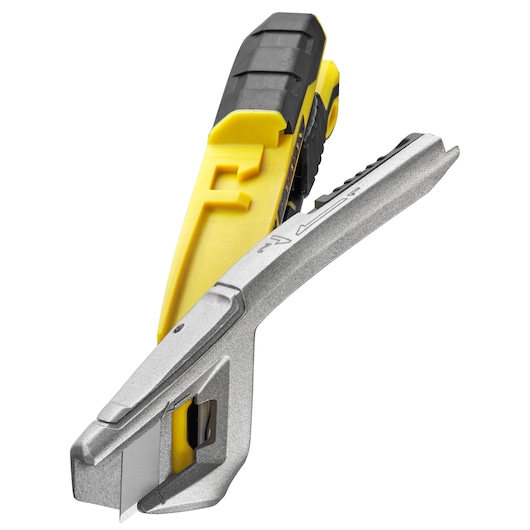 STANLEY FMHT10594-0 folding utility knife, yellow and black, side angle, blade extended.