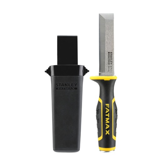 STANLEY FMHT16693-0 chisel with black and yellow handle and protective black sheath, front angle.