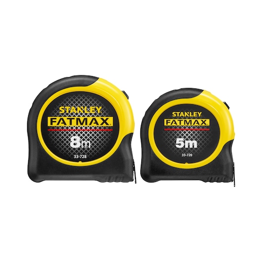 Stanley FMHT31725-0 tape measures, FatMax series, 8m and 5m, black and yellow, front angle photo.