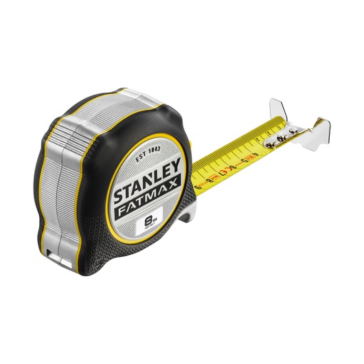 STANLEY FMHT38217-0 tape measure, FATMAX series, yellow blade, angled product photo on white background.