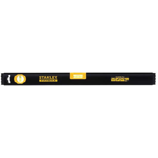 Photo of STANLEY FMHT42554-1 spirit level, black and yellow, front view, with FATMAX logo and clear vials.