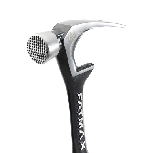 STANLEY FMHT51367-2 claw hammer, black and silver, milled face, close-up side view.