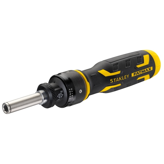 Photo of STANLEY FMHT62692-0 FATMAX ratcheting screwdriver, black and yellow handle, side angle on white background.