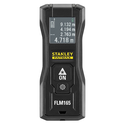 Stanley Fatmax FLM165 digital laser distance measurer with display showing measurements in meters.