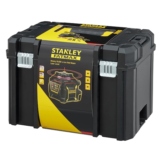 STANLEY FMHT77446-1 black and yellow hard case, front angle, product packaging for rotary laser level