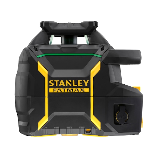 Front view of a STANLEY FATMAX laser level, black and yellow, used for precise measurement in construction.