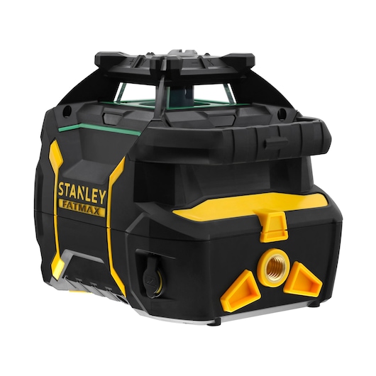 Stanley Fatmax laser level tool in black and yellow, designed for precise alignment in photography or construction.