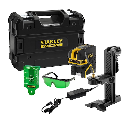 STANLEY FMHT77598-1 laser level kit with black and yellow laser, carrying case, green glasses, mounting bracket, charger, and target card.