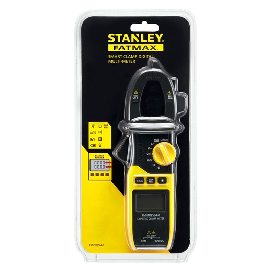 STANLEY FMHT82564-0 digital clamp multimeter, front angle, in retail packaging, yellow and black.