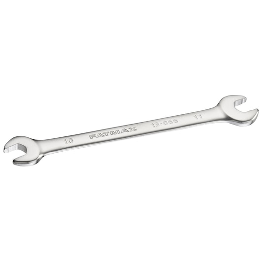 STANLEY FMMT13066-0 double open-end wrench, silver, FatMax, size 10-11mm, side angle, white background.