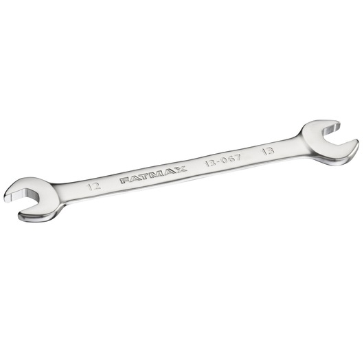 STANLEY FMMT13067-0 open-end wrench silver, top angle on white background, dual metric heads 12mm and 13mm.