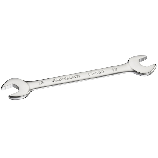 STANLEY FMMT13069-0 double open-end wrench, silver, angled on white background.
