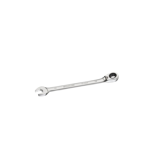 Stanley combination wrench with open and ratcheting ends, silver color, isolated on white background.