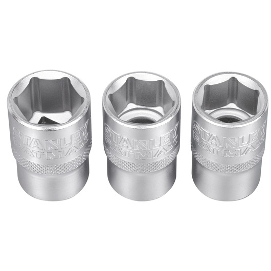 Three metallic Stanley Fatmax socket wrenches are shown upright, side by side on a white background.