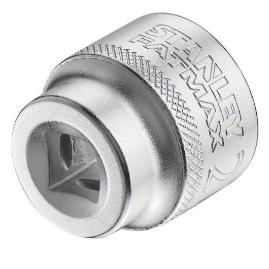 STANLEY FMMT17222-0 chrome socket adapter, knurled grip, photography, angled on white background.