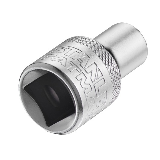 STANLEY FMMT17228-0 chrome socket adapter, knurled grip, close-up angled on white background.