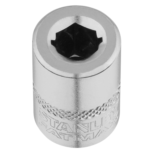 Photo of STANLEY FMMT18007-0 chrome socket, knurled grip, hexagonal opening, front angle, hand tool accessory.