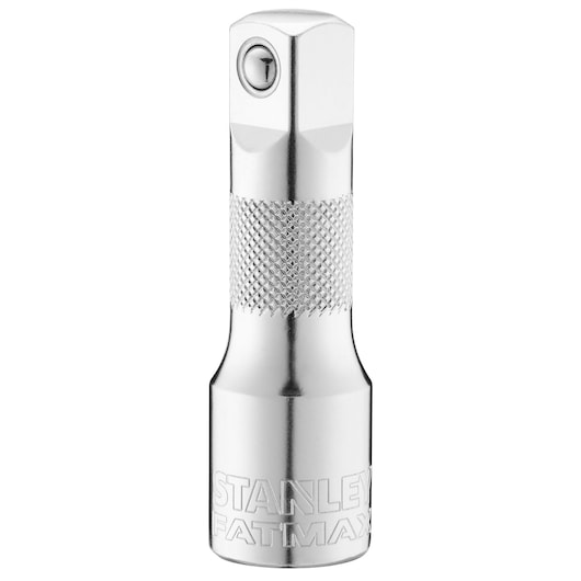 Photo of STANLEY FMMT25123-0 chrome socket adapter with knurled grip, front view on white background.