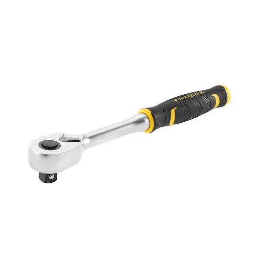STANLEY FMMT82676-0 ratchet wrench with black and yellow ergonomic handle, side angle on white background.
