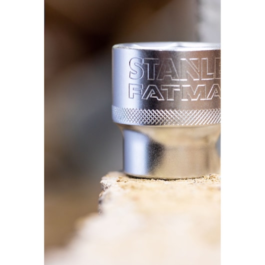 STANLEY FMMT82681-0 chrome socket, close-up side view, showing knurled grip and engraved branding.