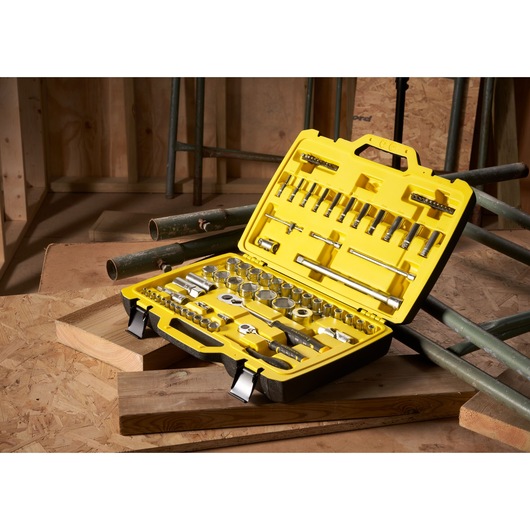 STANLEY FMMT82826-1 socket set with ratchets and accessories in yellow case, 81 pieces, angled open view.