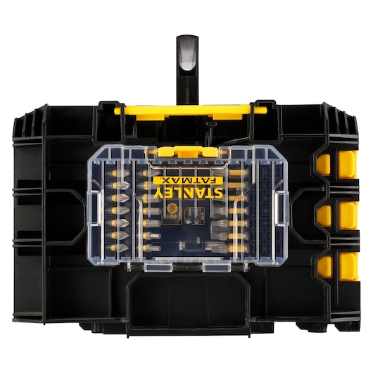 Stanley tool box with transparent lid and yellow accents, showing organized drill bits inside.
