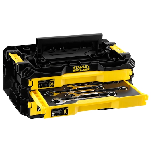 Stanley Fatmax toolbox with an open yellow drawer showing assorted wrenches organized inside.