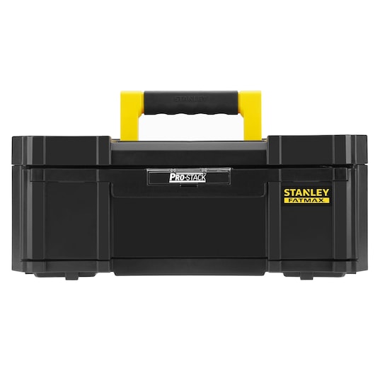 STANLEY FMST1-71968 black tool box with yellow handle, front view, Pro-Stack Fatmax series.