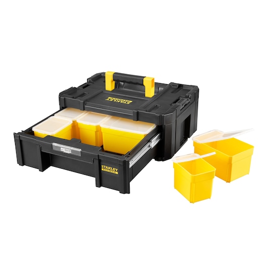 Photo of STANLEY FMST1-71968 black toolbox with yellow bins, front drawer open, white background.