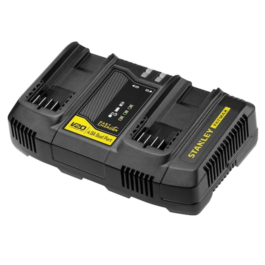 Photo of STANLEY SFMCB24 dual port fast charger, black with yellow labels, front angled on white background.