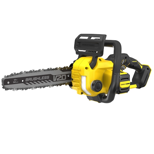 Photo of STANLEY SFMCCS730B cordless yellow and black brushless chainsaw, angled view, V20 series.