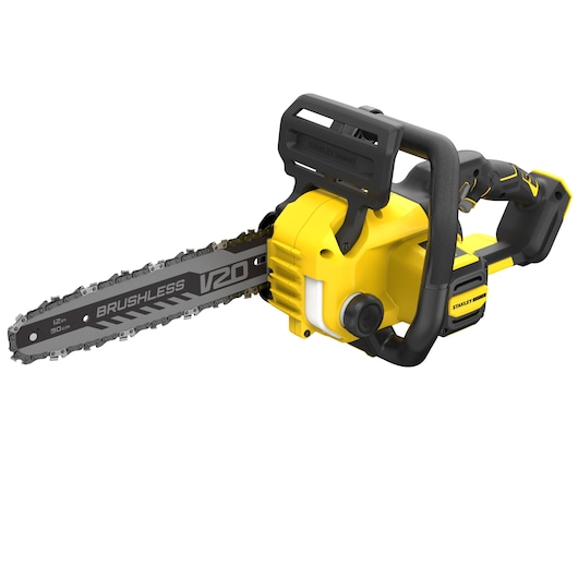 Photo of STANLEY SFMCCS730B cordless brushless chainsaw, yellow and black, V20, 12-inch bar, front angle on white.