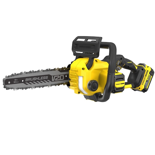 Photo of STANLEY SFMCCS730M1 cordless brushless chainsaw, yellow and black, side angle on white background.