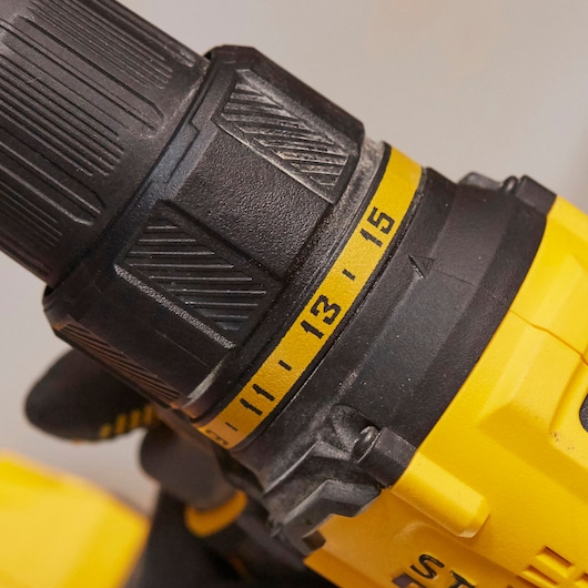 STANLEY SFMCD710D2K cordless drill close-up showing torque settings and textured black grip.
