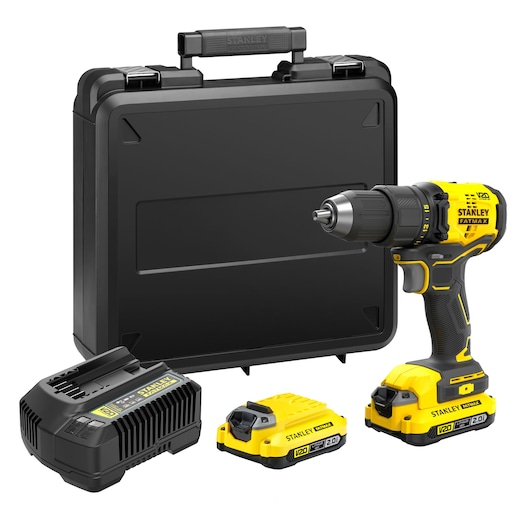 Stanley cordless drill kit with case, charger, and two batteries, suitable for various drilling tasks.