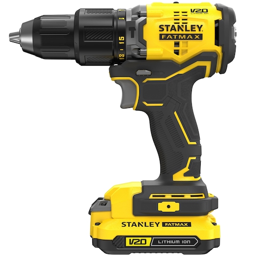 Photo of STANLEY SFMCD715C2K cordless drill, yellow and black, side view, with V20 Lithium Ion battery.