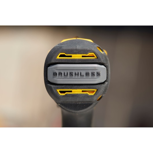 STANLEY SFMCD715C2K drill close-up showing brushless motor label, black and yellow detailing.