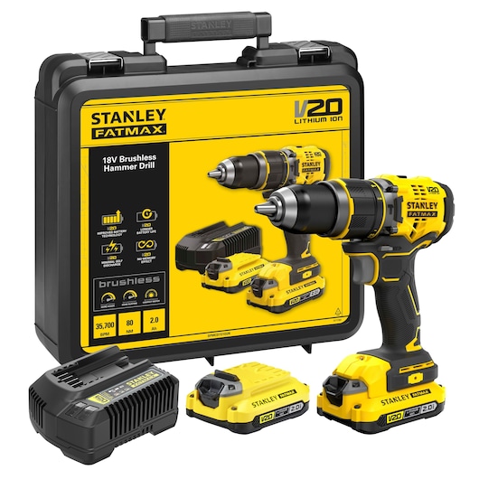 STANLEY SFMCD721D2K brushless 18V hammer drill set with case, charger, and two batteries, product front angle.