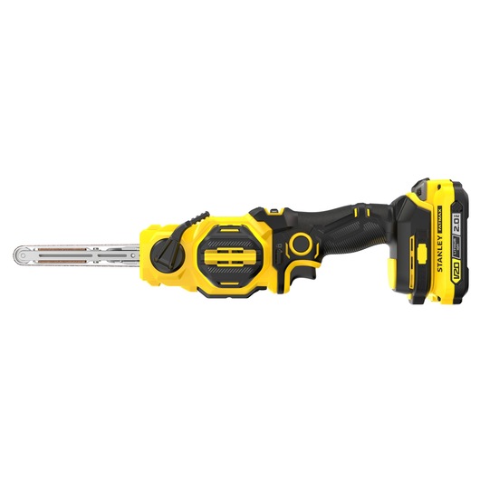 Photo of STANLEY SFMCE210D2 cordless belt sander, yellow and black, side view on white background.