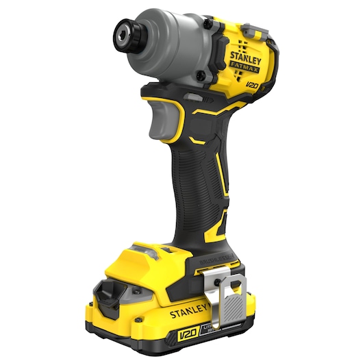 Stanley SFMCF830D2K cordless impact driver, yellow and black brushless power tool, front angled view.