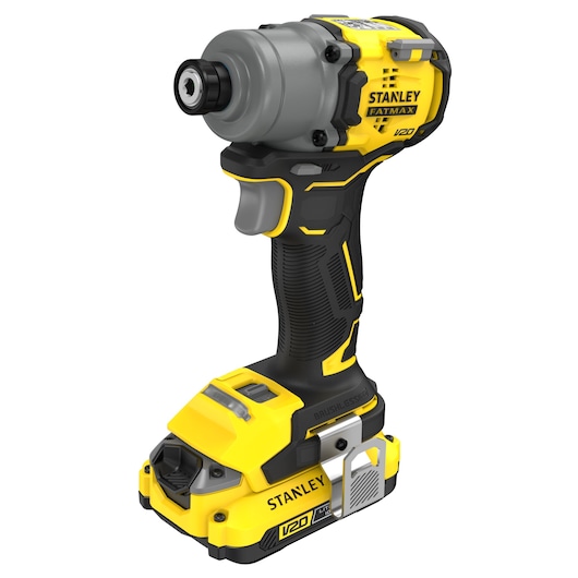 Photo of STANLEY SFMCF830D2K brushless impact driver, yellow and black, front left angle, cordless design.