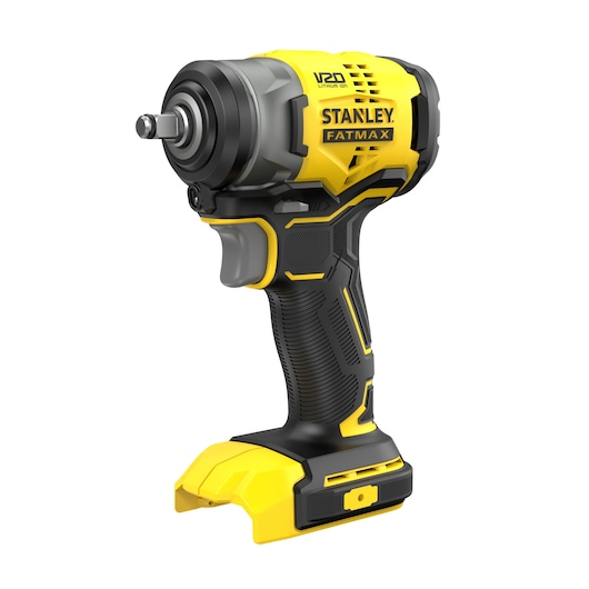 Photo of STANLEY SFMCF910B cordless impact wrench, black and yellow, angled view on white background.