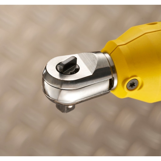 STANLEY SFMCF930B cordless ratchet wrench close-up, yellow handle, metal head, studio background.
