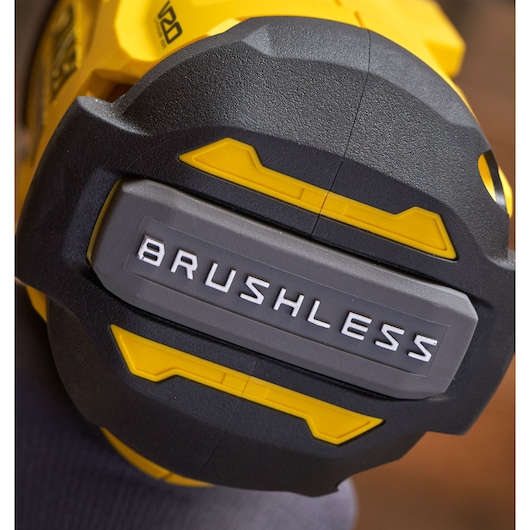 STANLEY SFMCF940M1 brushless tool close-up, showing yellow and black housing detail.