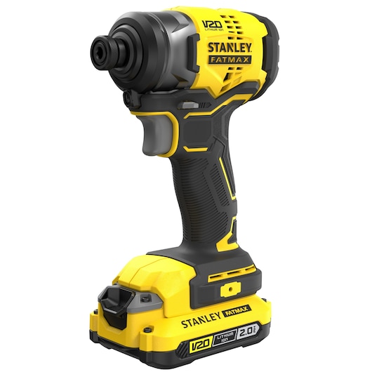 STANLEY SFMCK461D2T cordless impact driver, black and yellow, front left angle on white background.