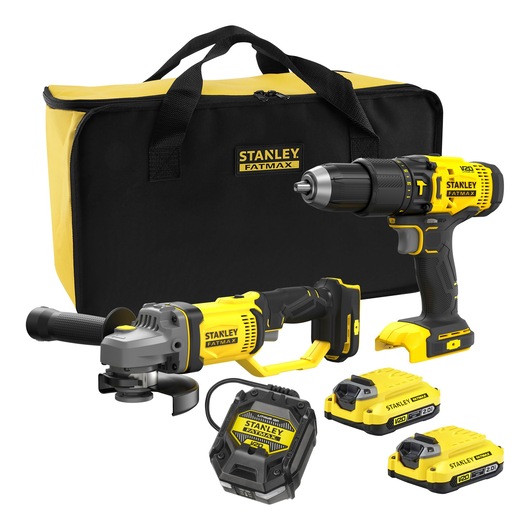 STANLEY SFMCK471D2S tool kit with drill, angle grinder, two batteries, charger and storage bag, front view.