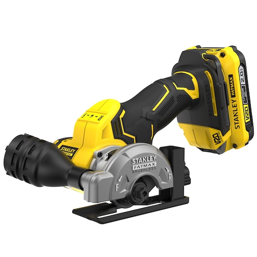 STANLEY SFMCM300D2 cordless mini circular saw in yellow and black, angled view on white background.