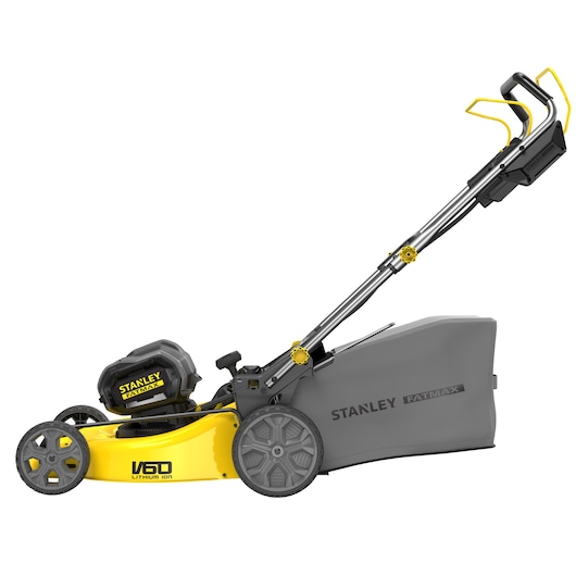 STANLEY SFMCMS2653B lawn mower, yellow and gray, side view with grass collection bag, photography on white background.