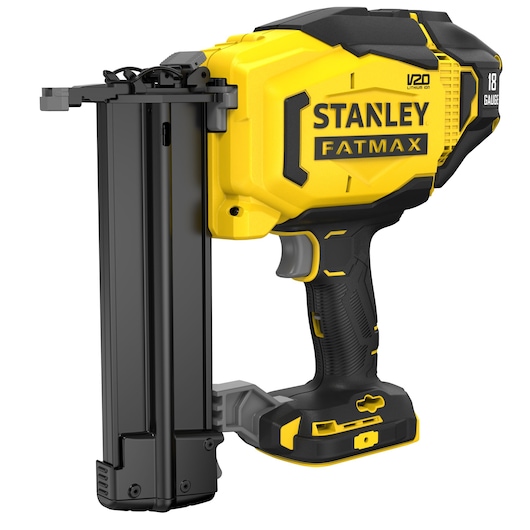STANLEY SFMCN618B-XJ cordless 18 gauge nailer, side angle, yellow and black, FATMAX series.