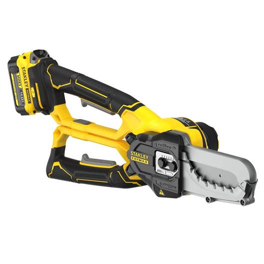 STANLEY SFMCPS515M1 cordless chainsaw, yellow and black, side angle, product photography on white background.
